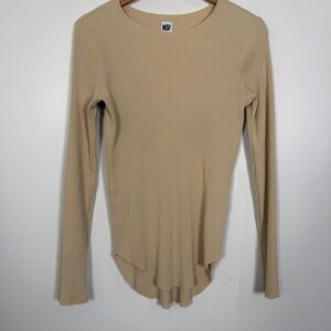 NSF *Rare Style* Rib Long Sleeve Curved Raw Hem Tee Beige Tan Made in USA NWT M